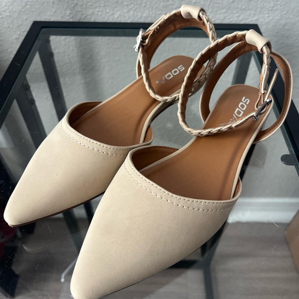 Soda Cream Pointed-Toe Flats with Ankle Strap